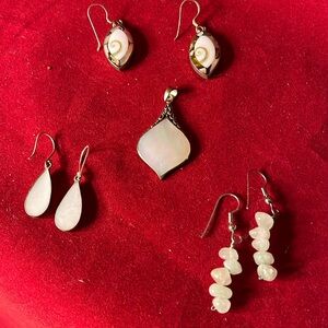Summer white jewelry - 3 pairs of earrings and a pendant. See pictures for size